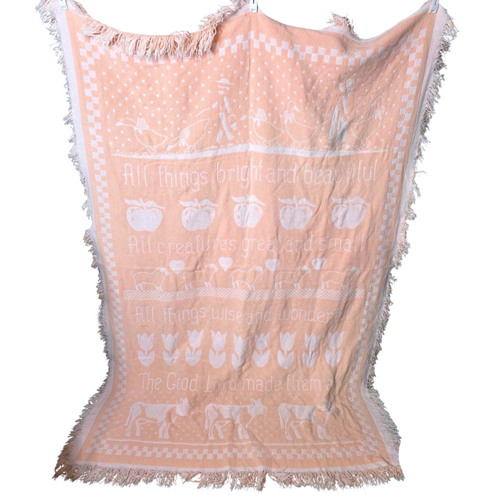 Vintage All Things Bright and Beautiful Peach Woven Fringe Throw Blanket Cottage